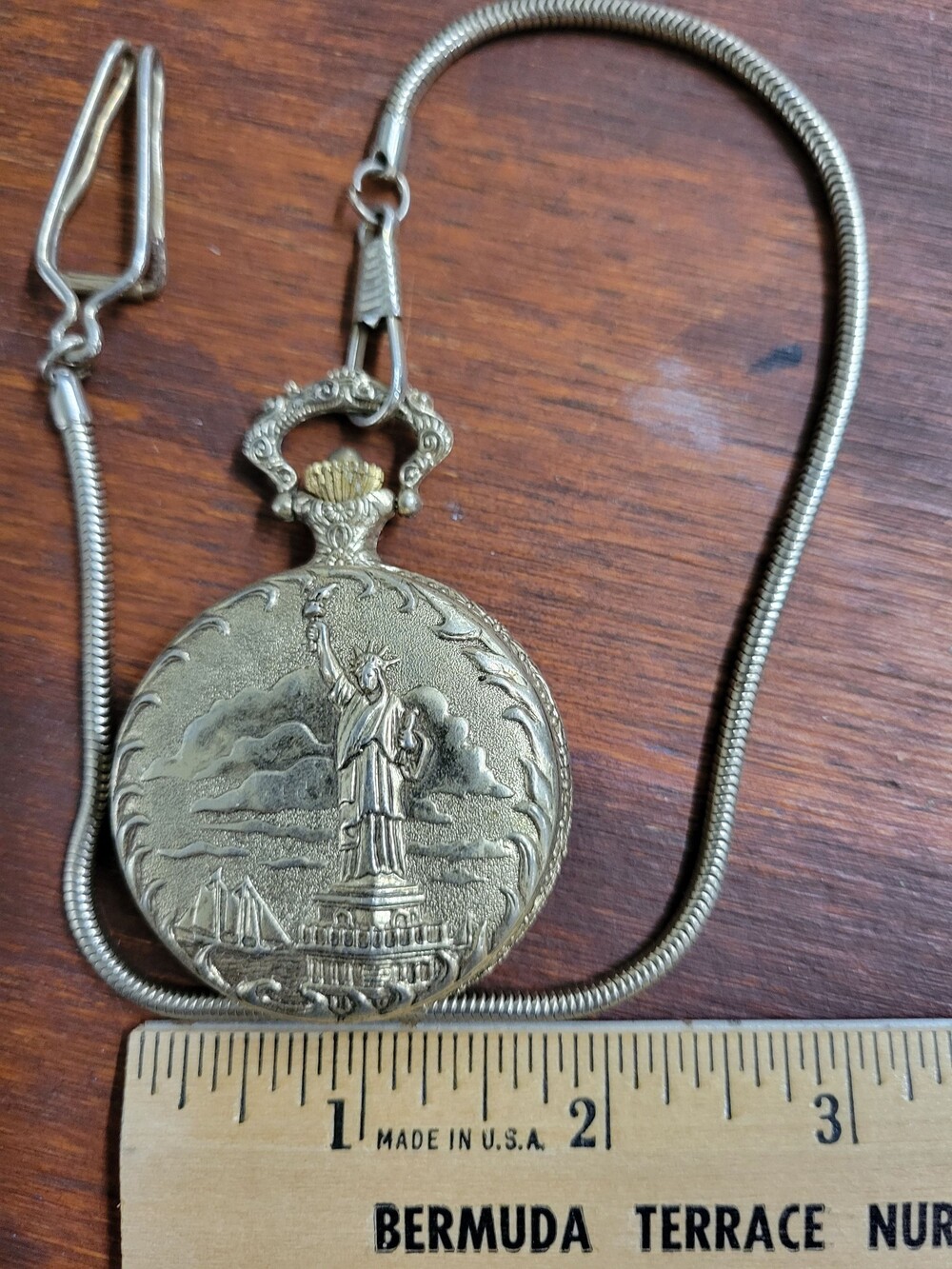 Gold-Tone Statue of Liberty Pocket Watch with Chain Vintage